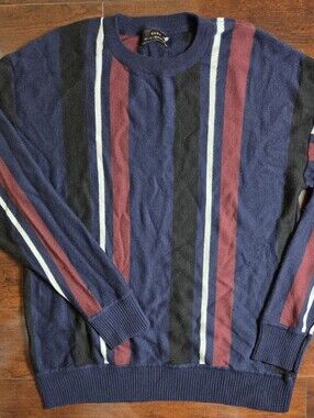 Zara Navy Crewneck Sweater with Burgundy, Black & White Stripes